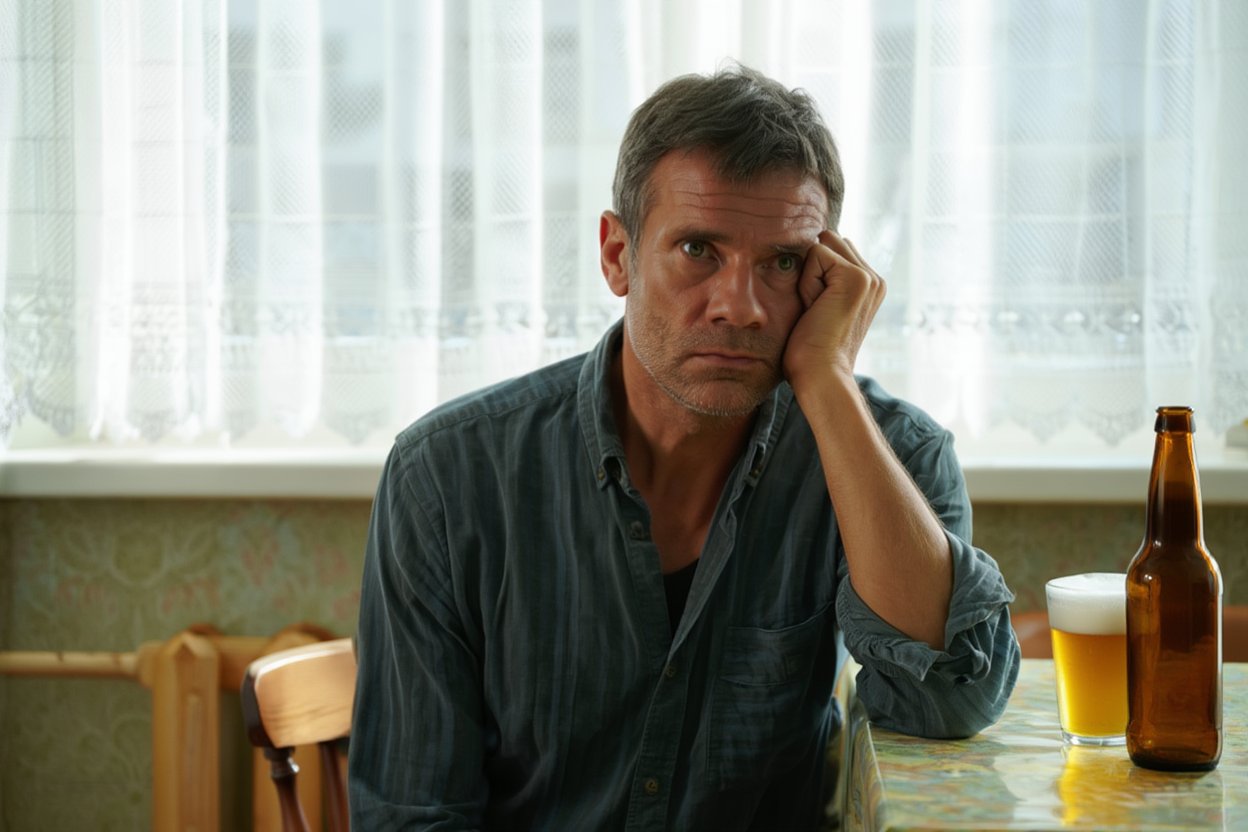 Мужчина славянской внешности страдает от похмелья на кухне